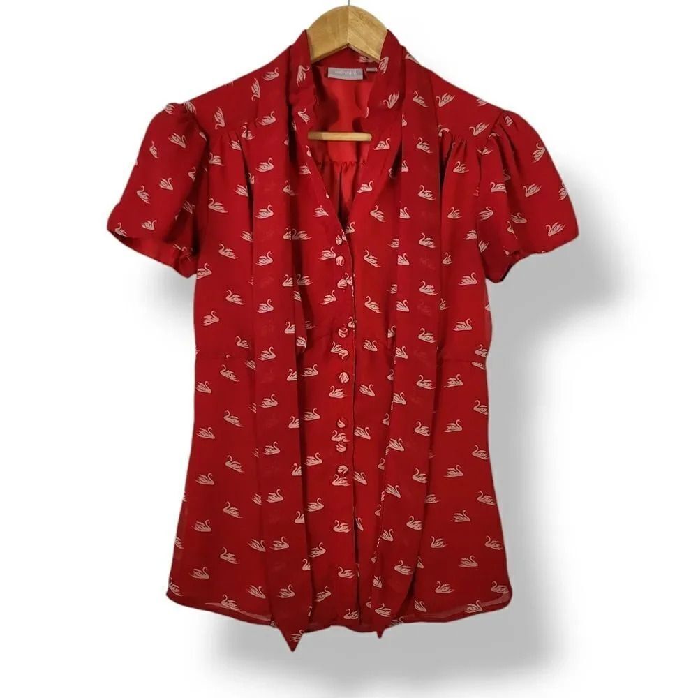 eShakti Swanning Around Tie Neck Button Down Heirloom Blouse in Red Size Small - Picture 7 of 8